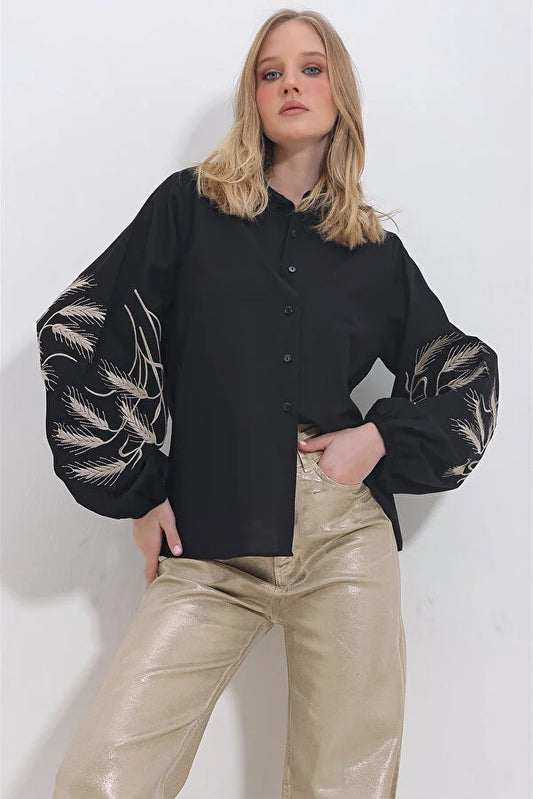 Black Sleeves Embroidered Poplin Woven Shirt