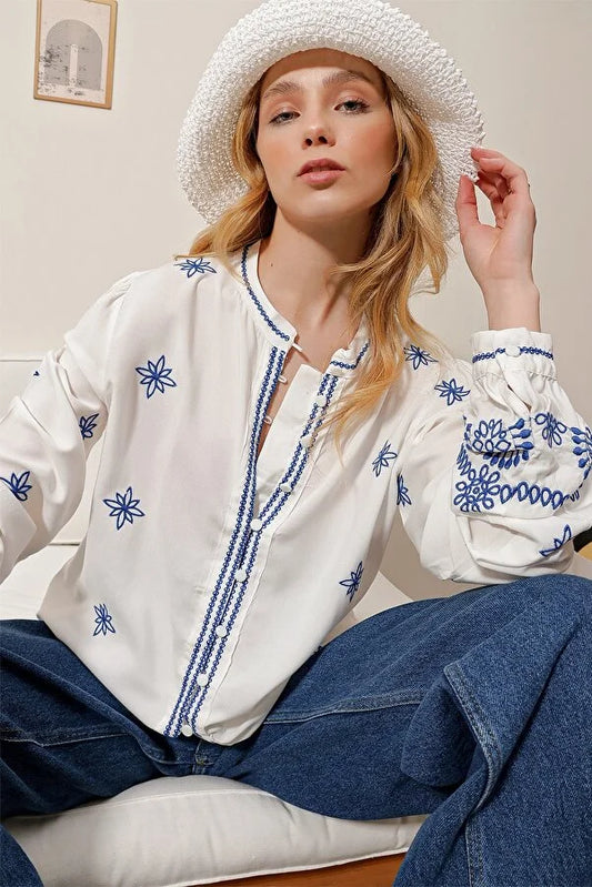 White Stand Collar Embroidered Shirt